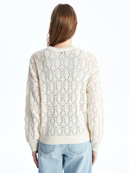 Crew Neck Openwork Long Sleeve Oversize Women's Knitwear Sweater