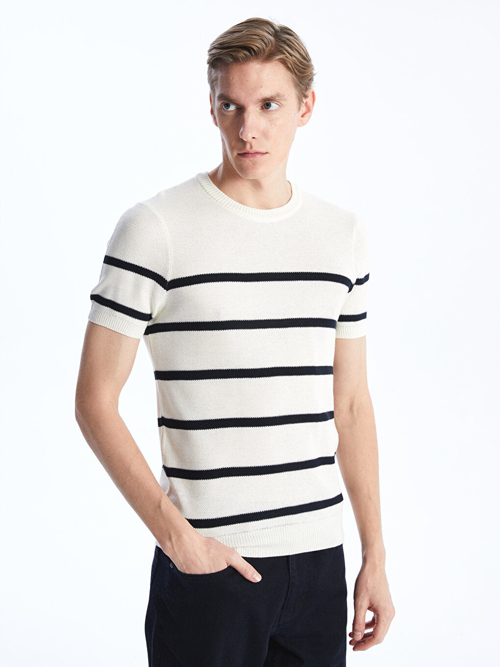 Crew Neck Short Sleeve Striped Men's Knitwear Sweater