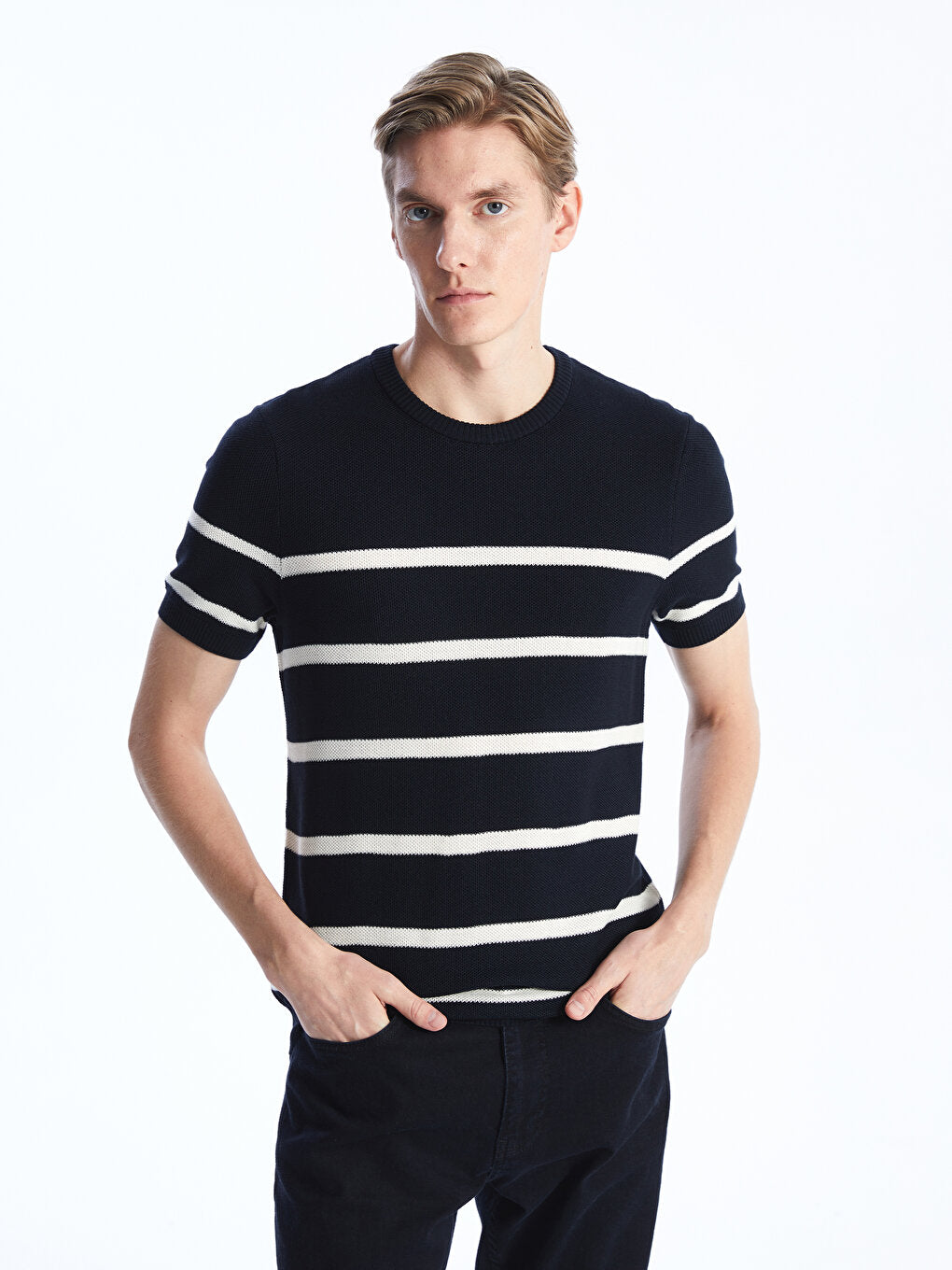 Crew Neck Short Sleeve Striped Men's Knitwear Sweater