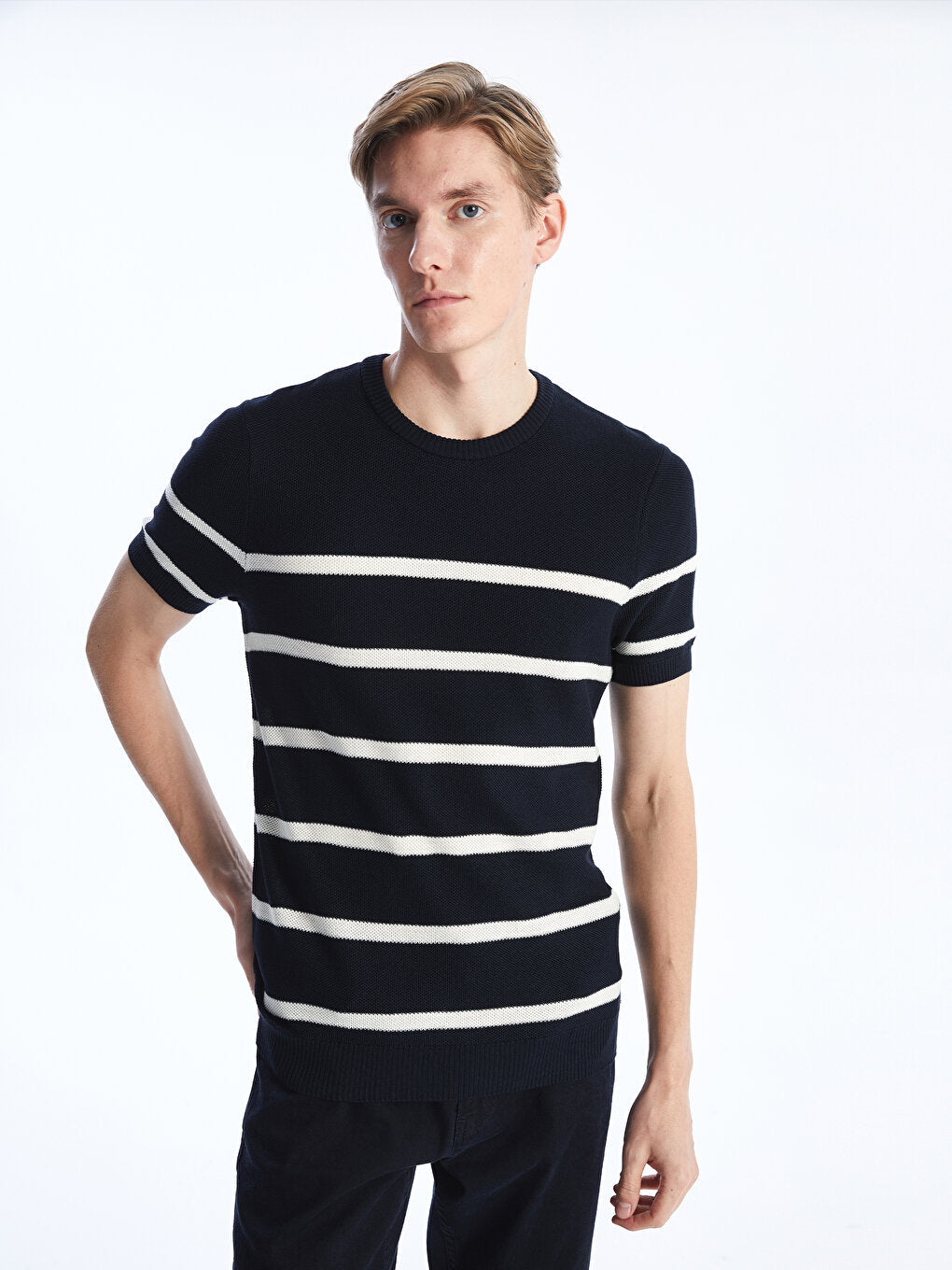 Crew Neck Short Sleeve Striped Men's Knitwear Sweater