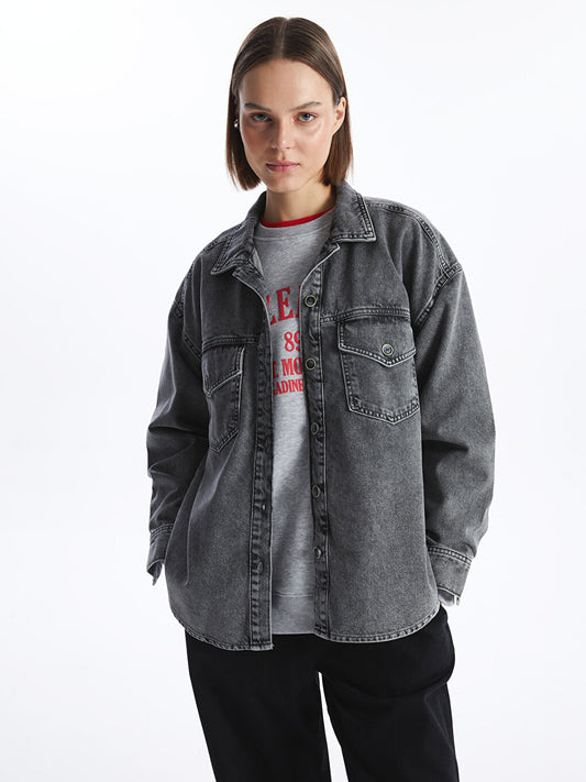 Plain Long Sleeve Oversize Women's Jean Shirt Jacket