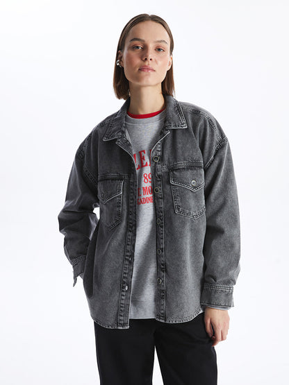 Plain Long Sleeve Oversize Women's Jean Shirt Jacket