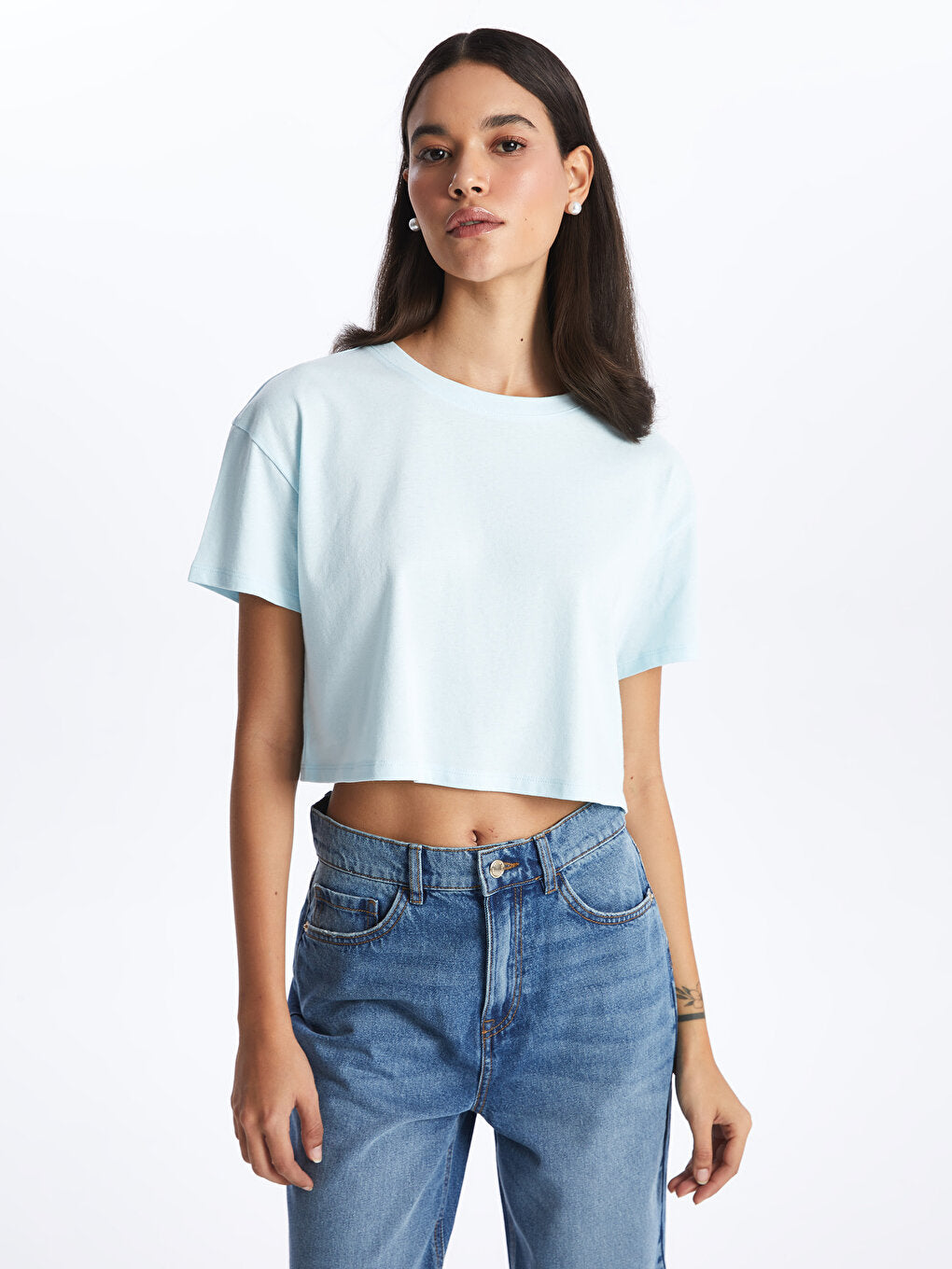 Crew Neck Plain Short Sleeve Women's Crop