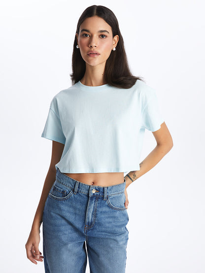 Crew Neck Plain Short Sleeve Women's Crop