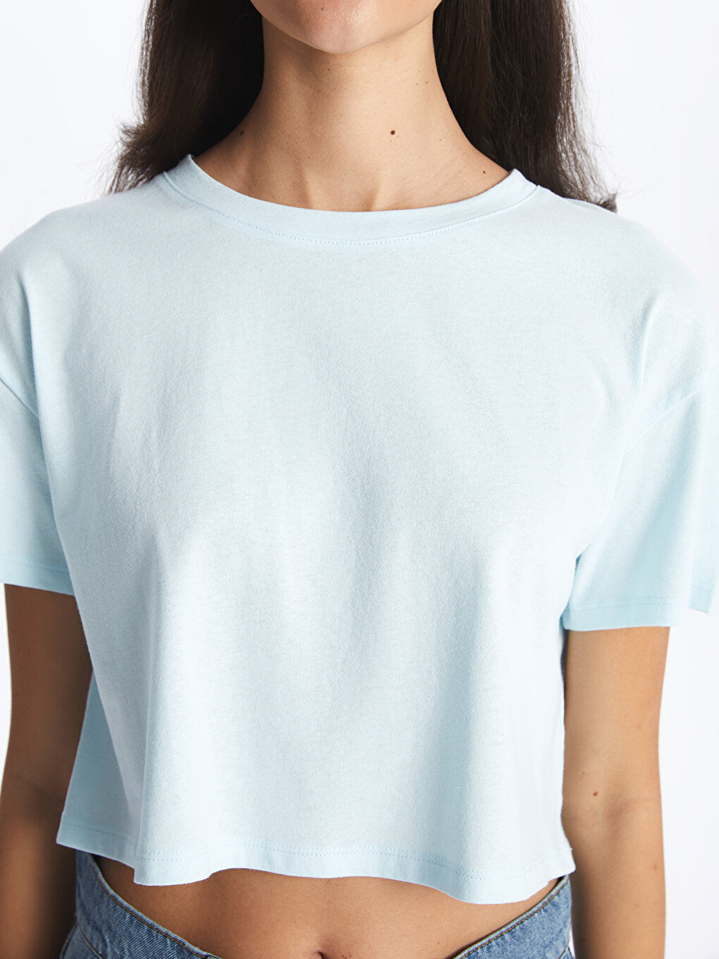 Crew Neck Plain Short Sleeve Women's Crop