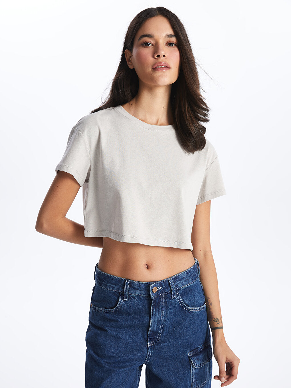 Crew Neck Plain Short Sleeve Women's Crop