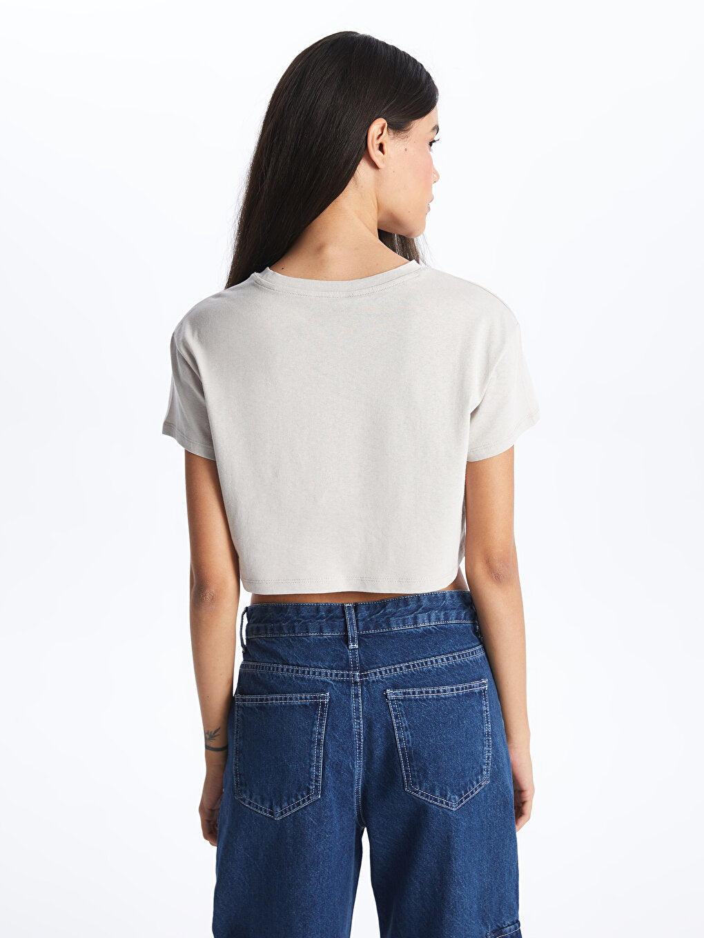 Crew Neck Plain Short Sleeve Women's Crop