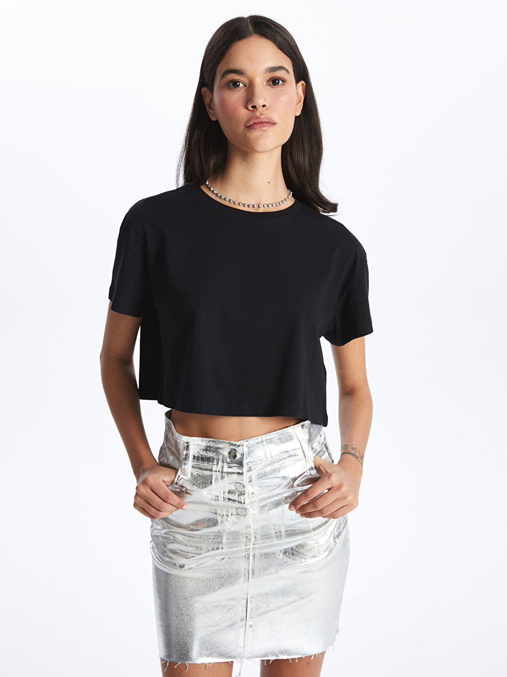 Crew Neck Plain Short Sleeve Women's Crop