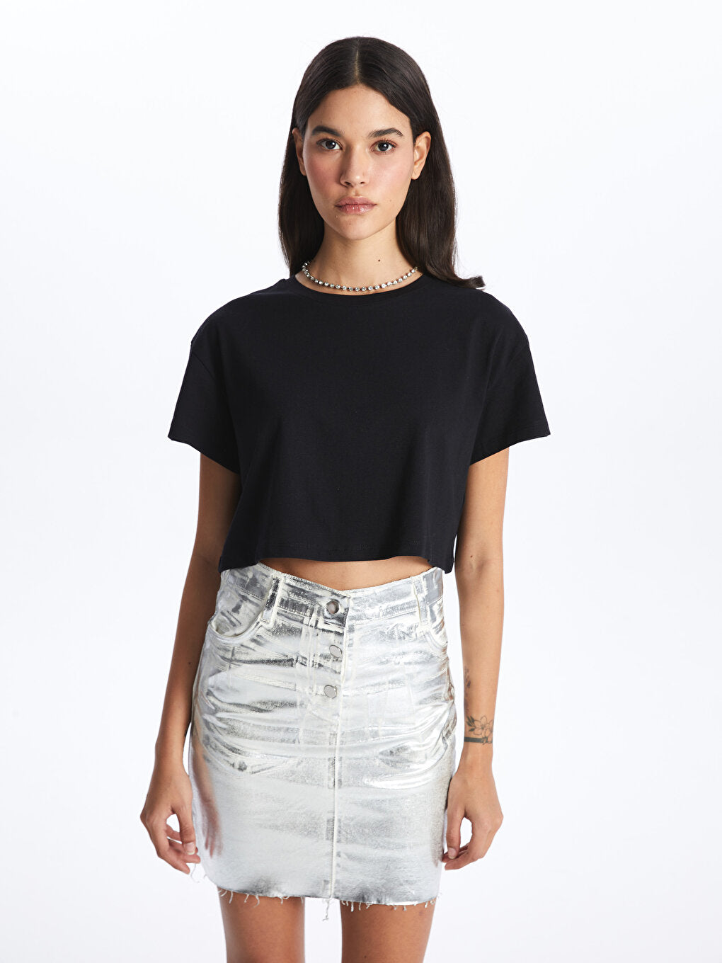 Crew Neck Plain Short Sleeve Women's Crop