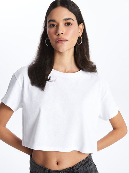 Crew Neck Plain Short Sleeve Women's Crop