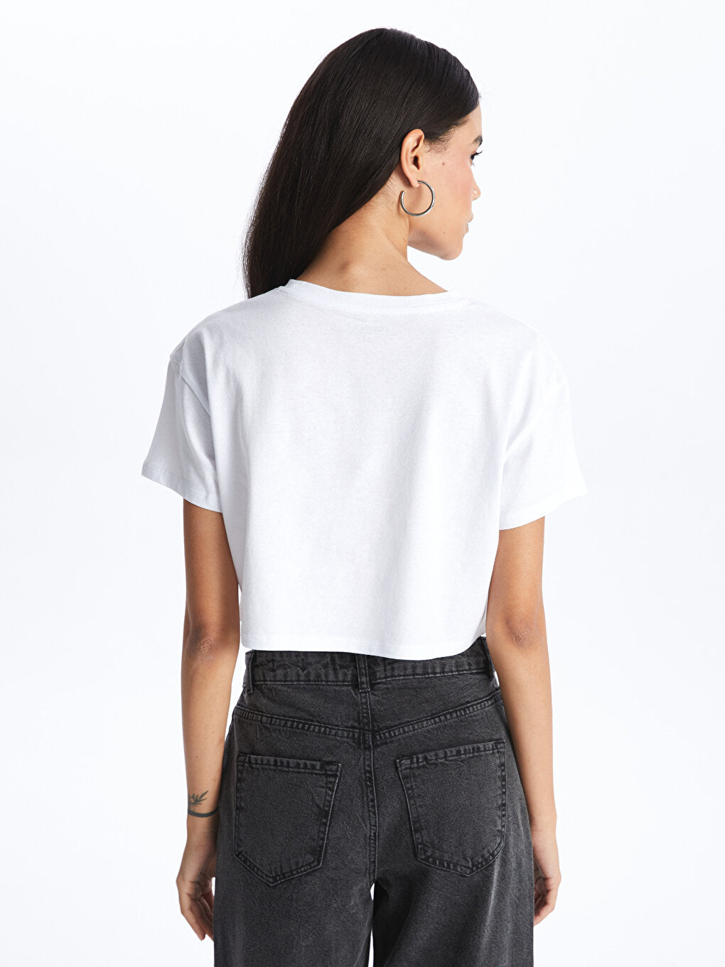 Crew Neck Plain Short Sleeve Women's Crop