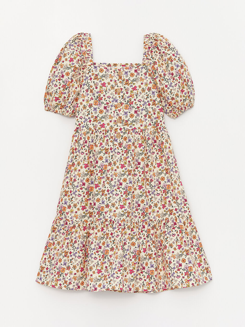 Square Neckline Floral Short Sleeve Girl's Dress