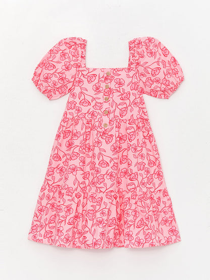 Square Neckline Floral Short Sleeve Girl's Dress