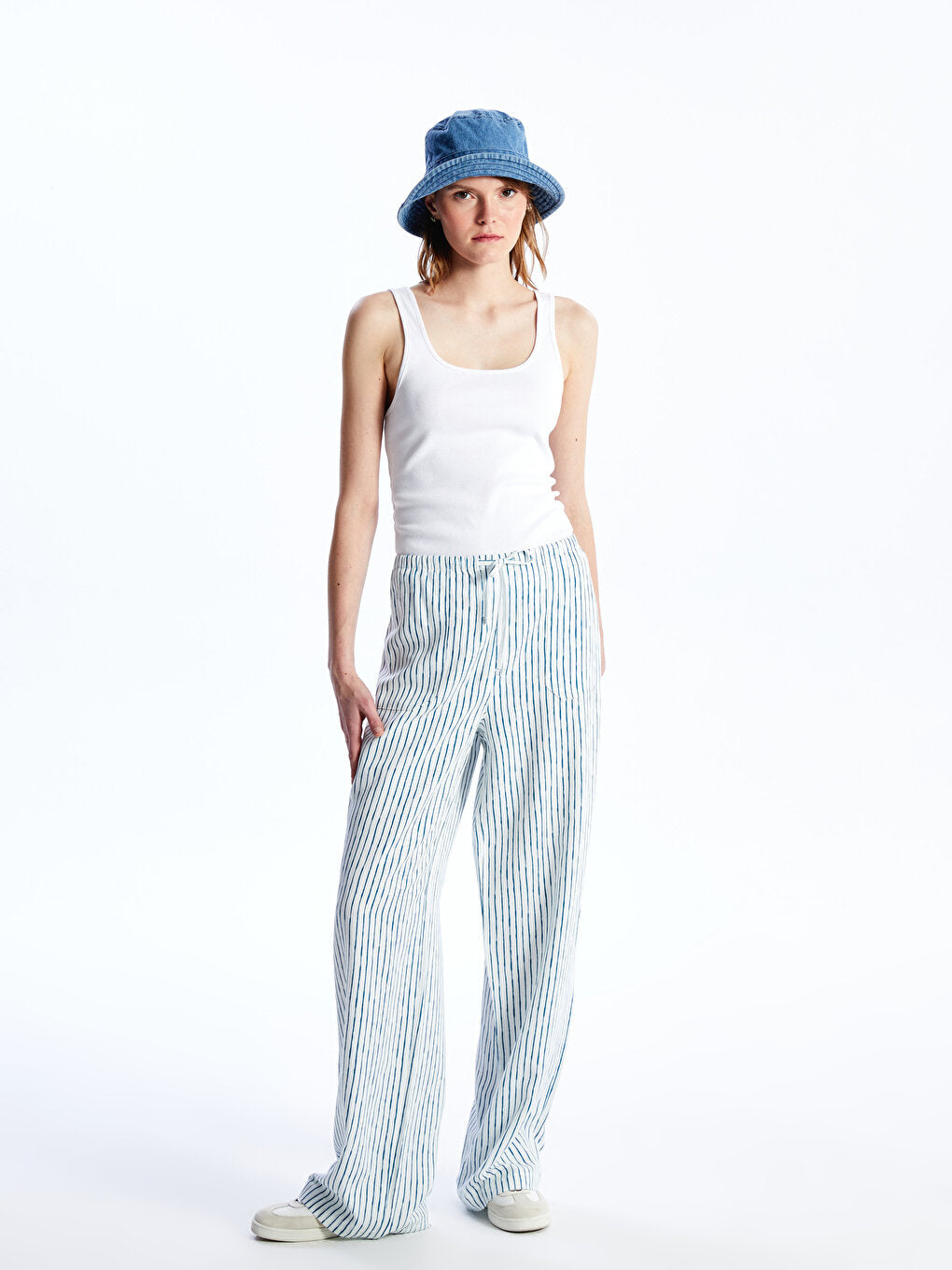 Striped Linen Blend Women's Trousers with Elastic Waist