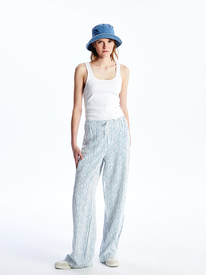 Striped Linen Blend Women's Trousers with Elastic Waist