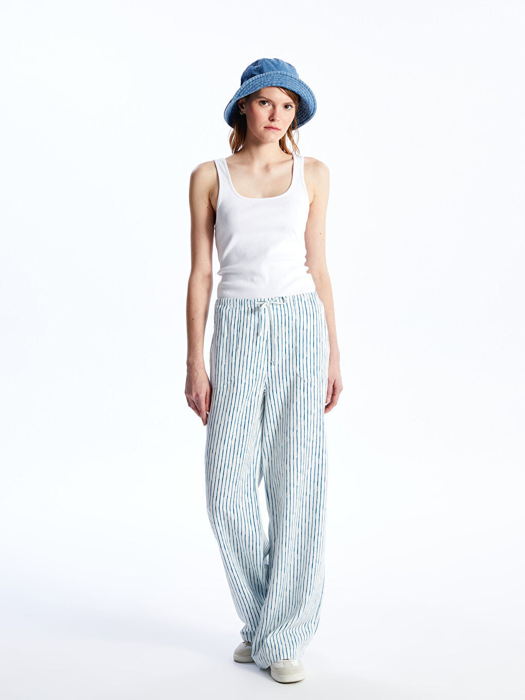 Striped Linen Blend Women's Trousers with Elastic Waist