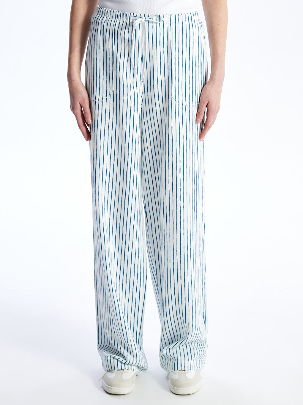 Striped Linen Blend Women's Trousers with Elastic Waist