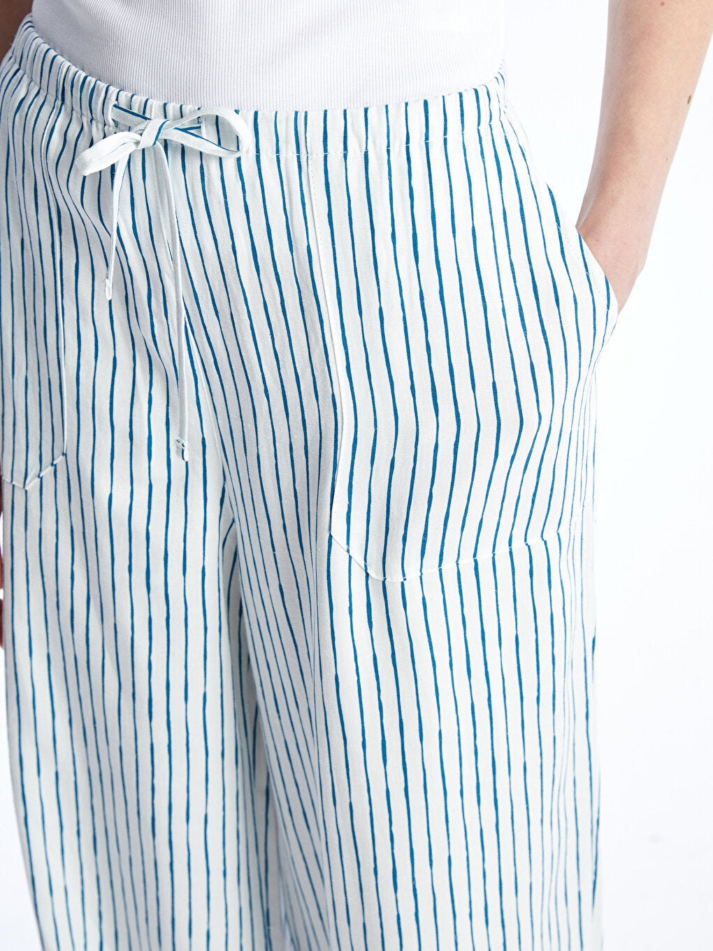 Striped Linen Blend Women's Trousers with Elastic Waist