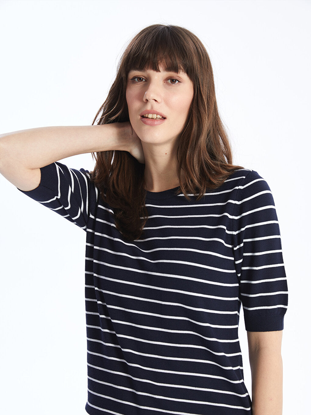 Crew Neck Striped Short Sleeve Women's Knitwear Sweater