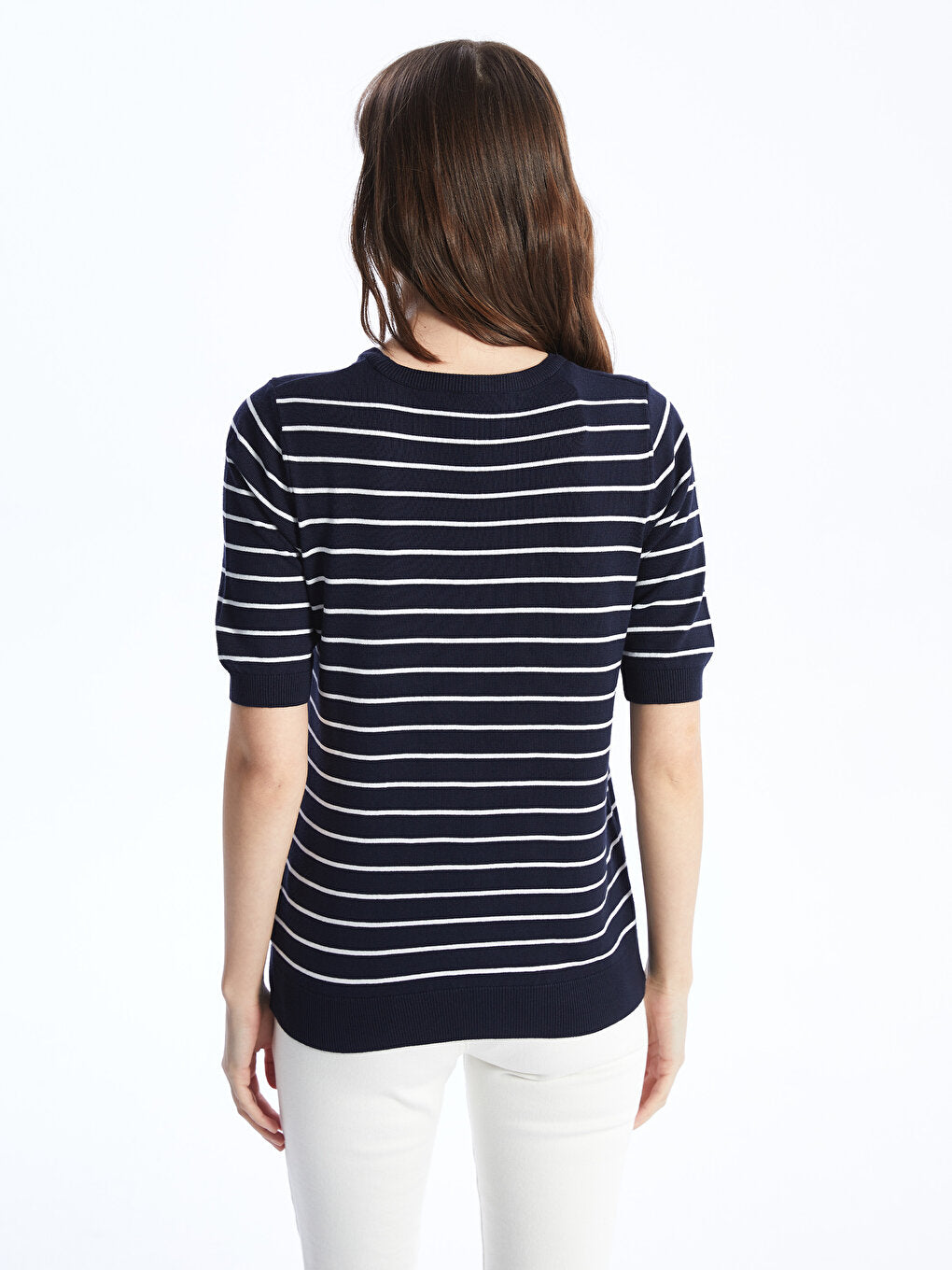 Crew Neck Striped Short Sleeve Women's Knitwear Sweater