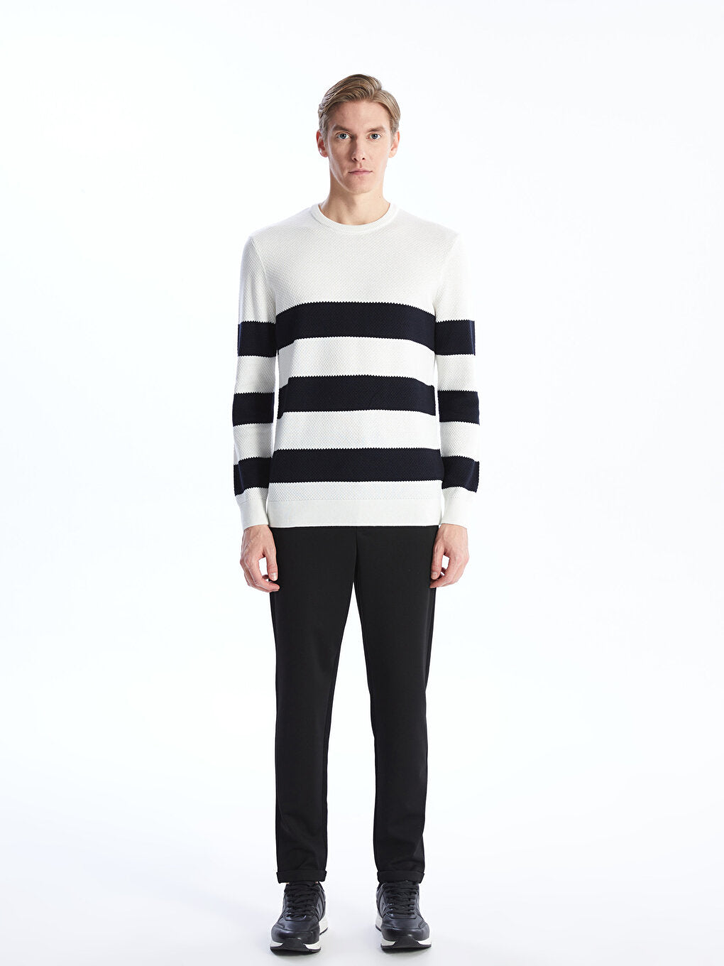 Crew Neck Long Sleeve Striped Men's Knitwear Sweater