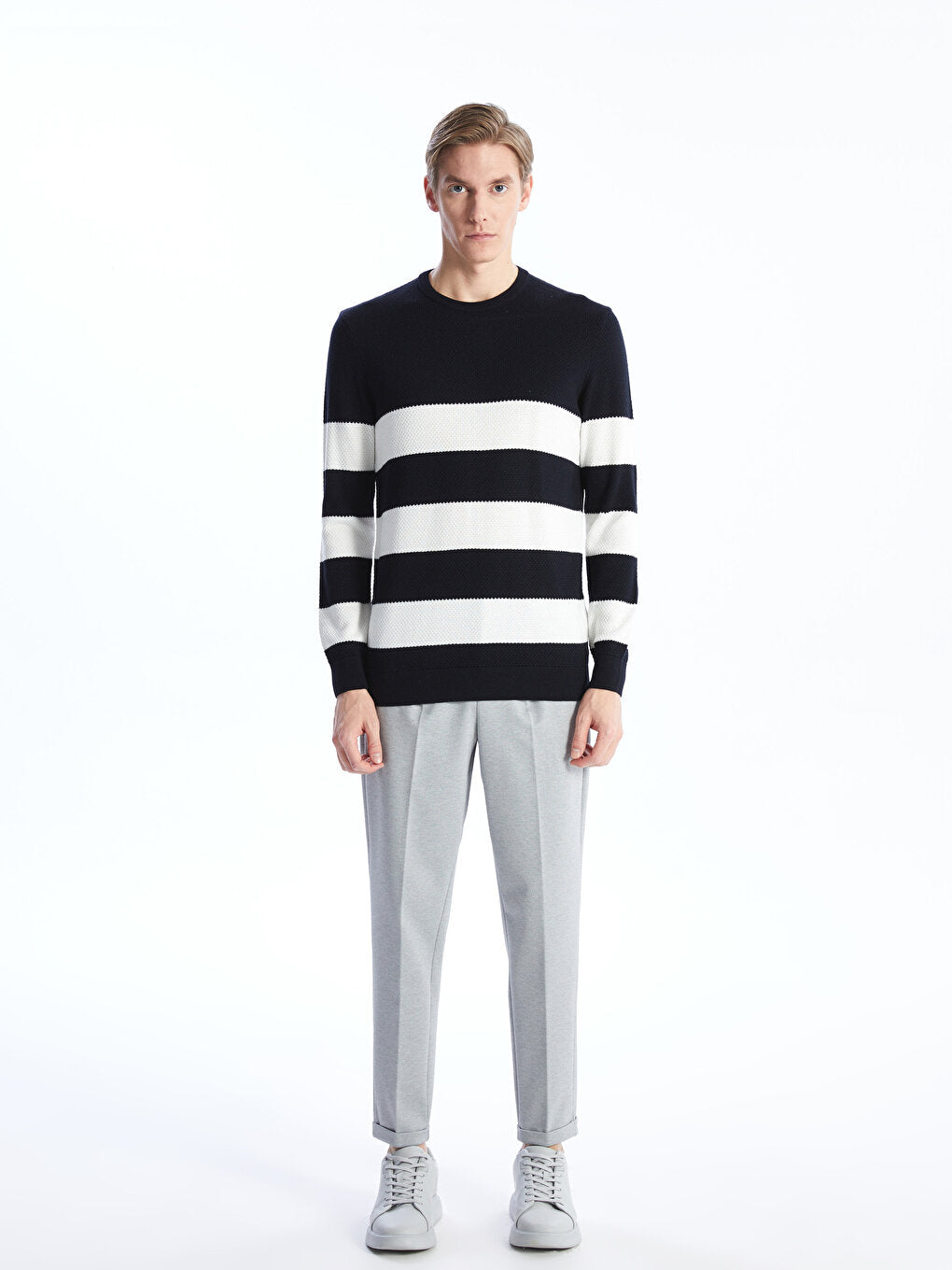 Crew Neck Long Sleeve Striped Men's Knitwear Sweater