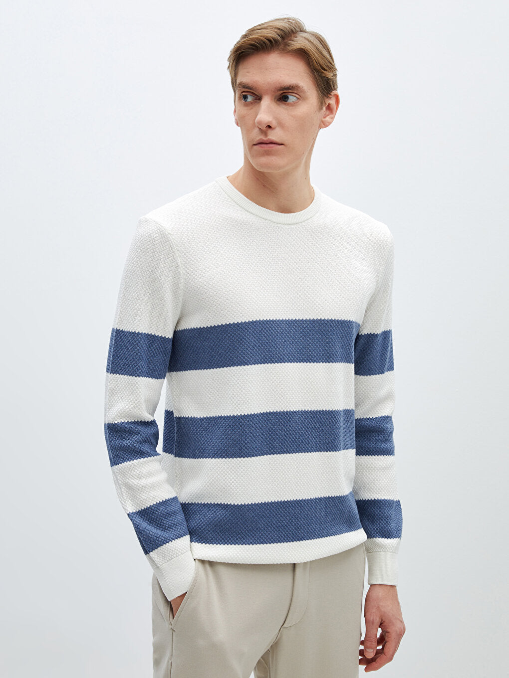 Crew Neck Long Sleeve Striped Men's Knitwear Sweater