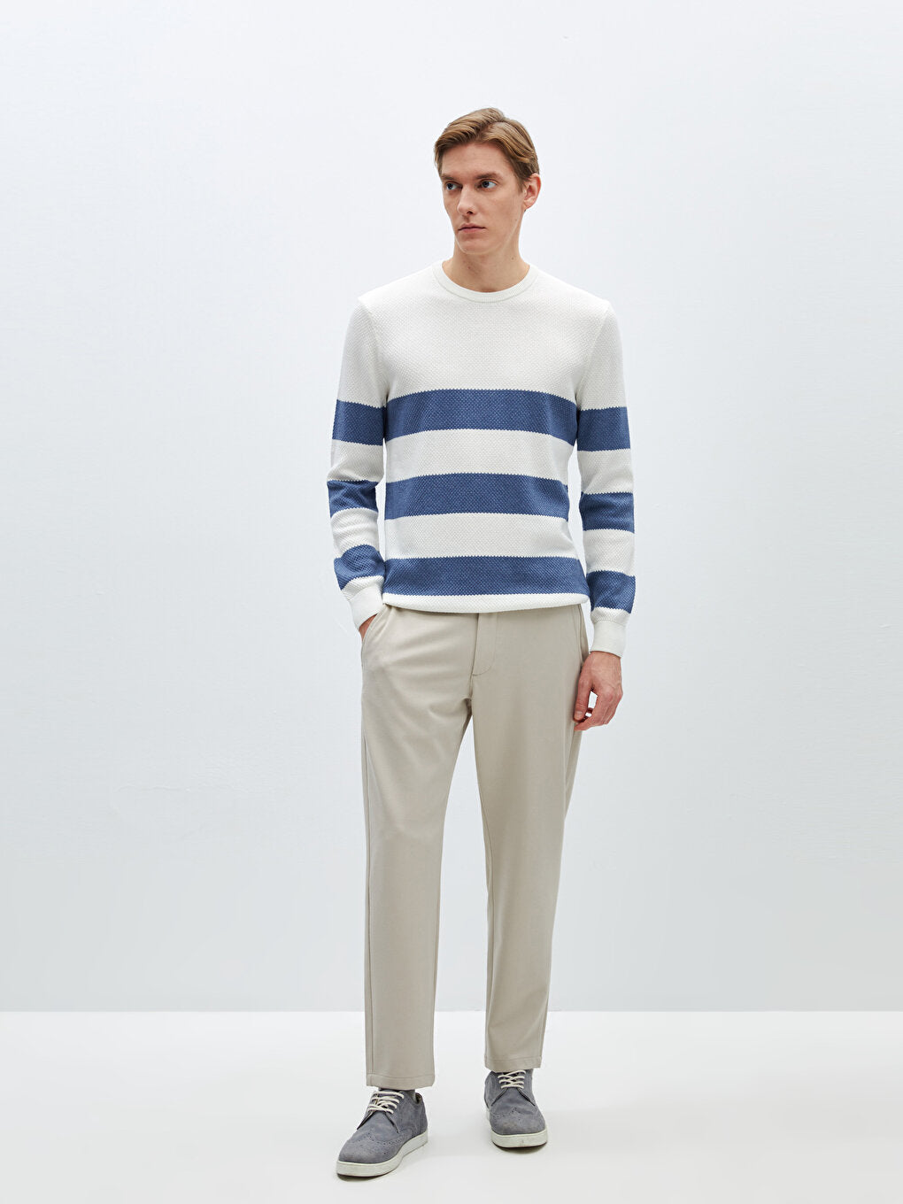 Crew Neck Long Sleeve Striped Men's Knitwear Sweater