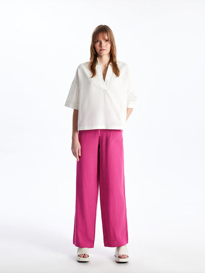 Plain Linen Blend Women's Trousers with Elastic Waist