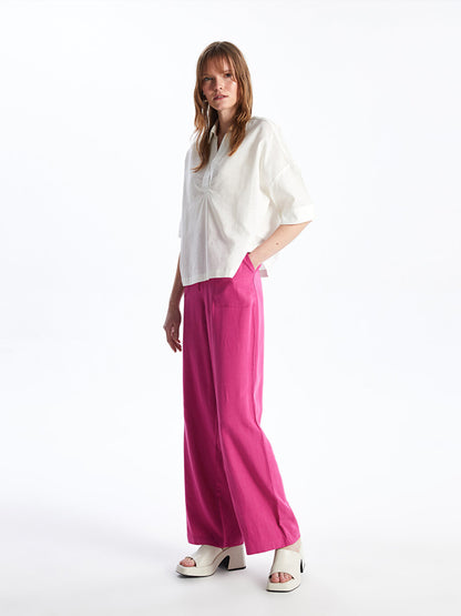 Plain Linen Blend Women's Trousers with Elastic Waist