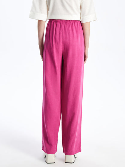 Plain Linen Blend Women's Trousers with Elastic Waist