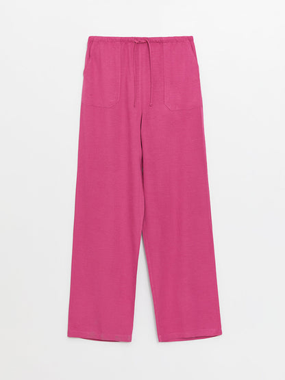 Plain Linen Blend Women's Trousers with Elastic Waist