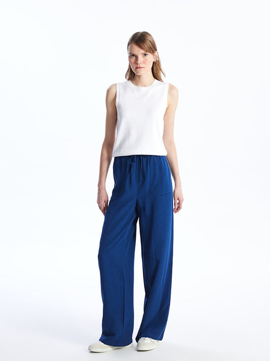 Plain Linen Blend Women's Trousers with Elastic Waist