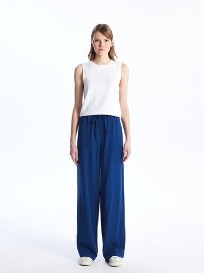 Plain Linen Blend Women's Trousers with Elastic Waist