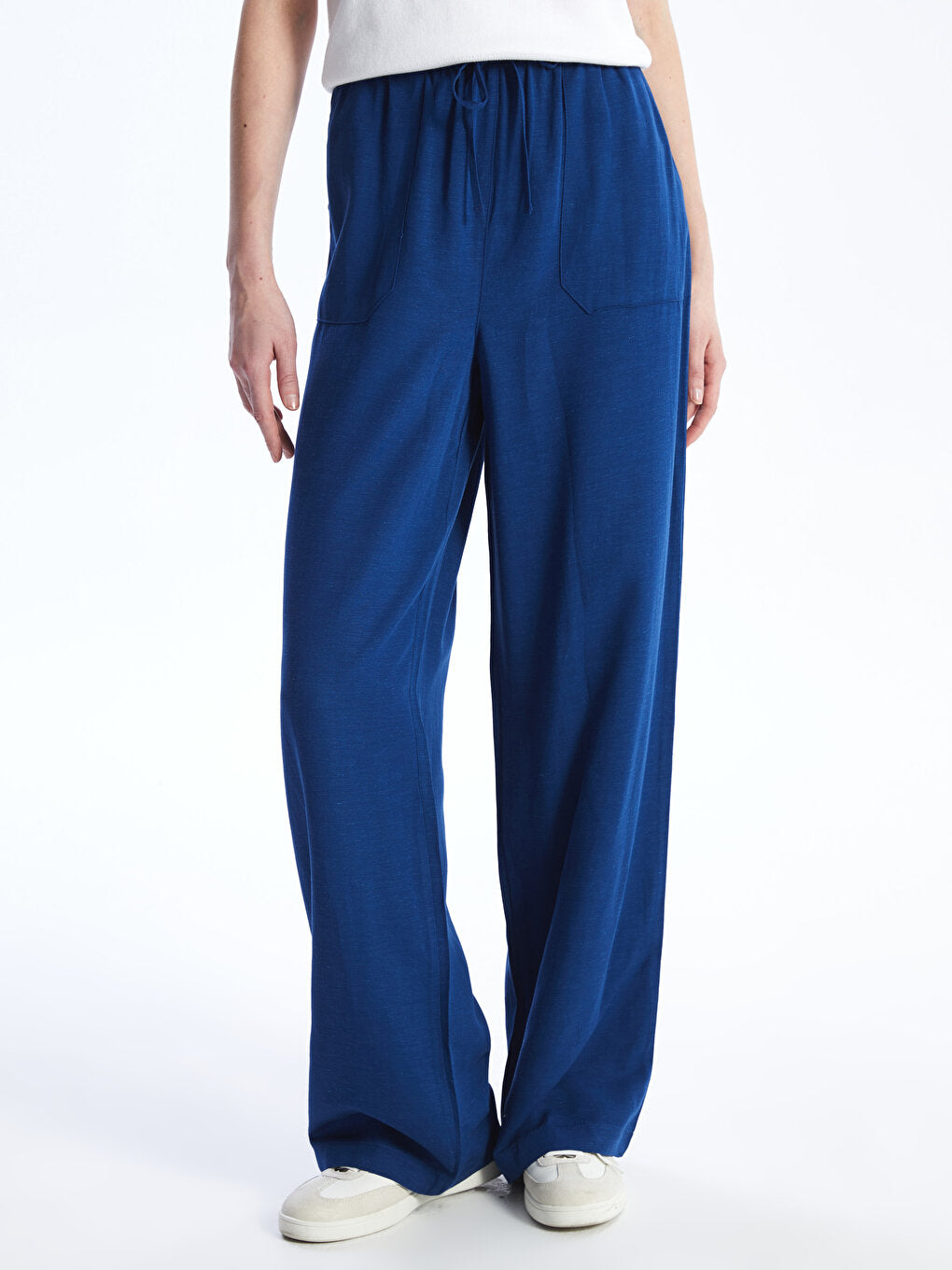 Plain Linen Blend Women's Trousers with Elastic Waist