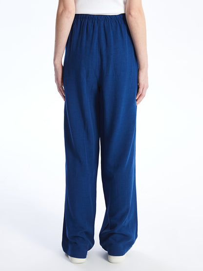 Plain Linen Blend Women's Trousers with Elastic Waist