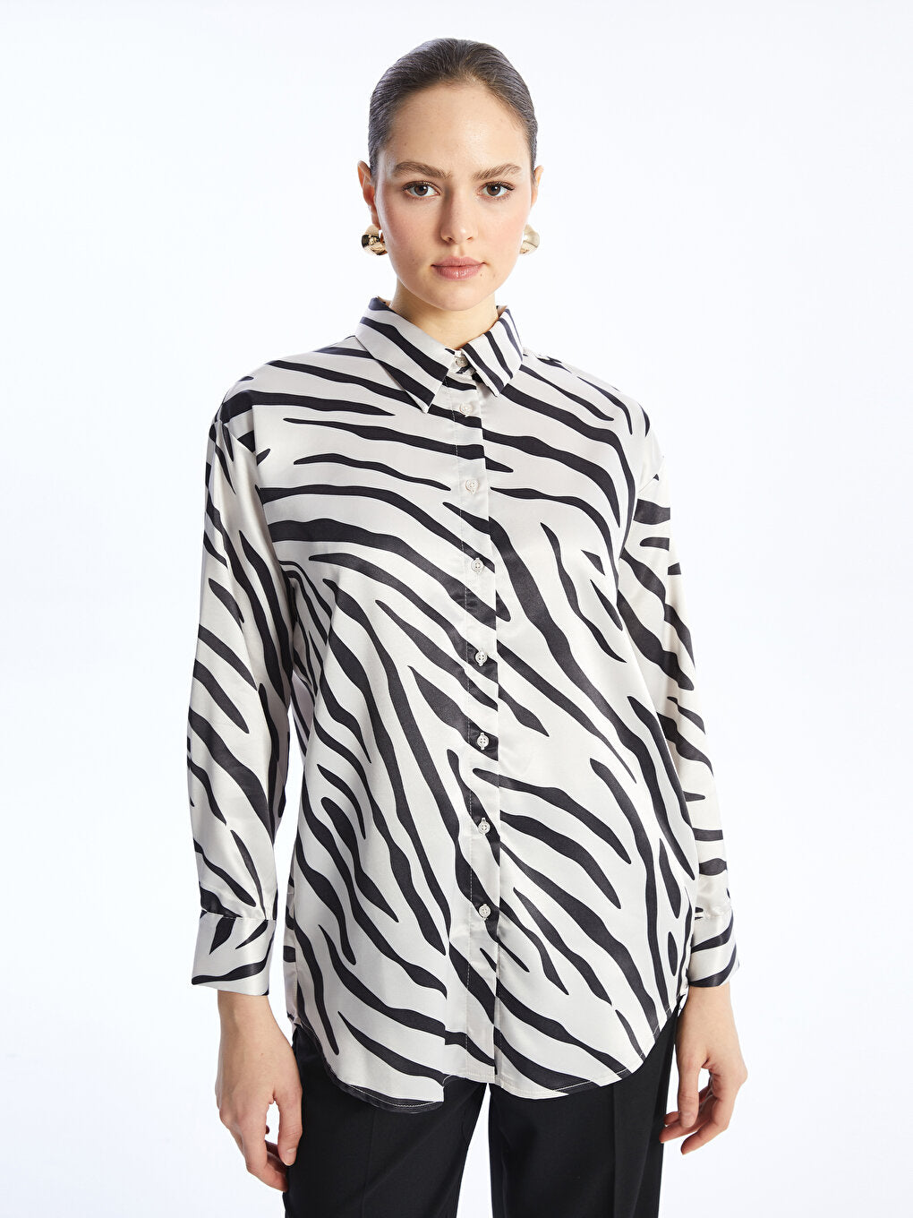 Patterned Long Sleeve Satin Women's Shirt Tunic