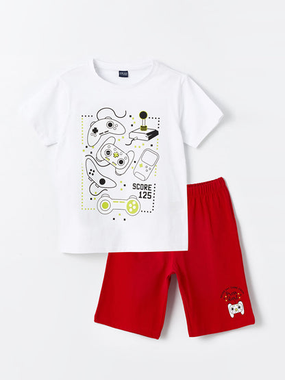 Crew Neck Printed Short Sleeve Boy's Pajama Set with Shorts