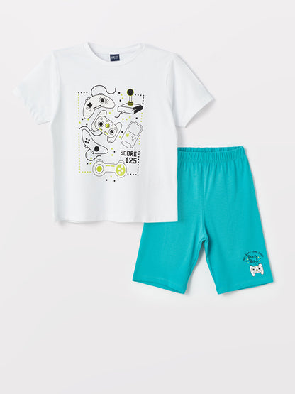 Crew Neck Printed Short Sleeve Boy's Pajama Set with Shorts