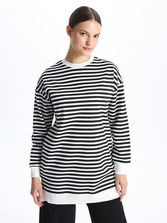 Crew Neck Striped Long Sleeve Women's Sweatshirt Tunic