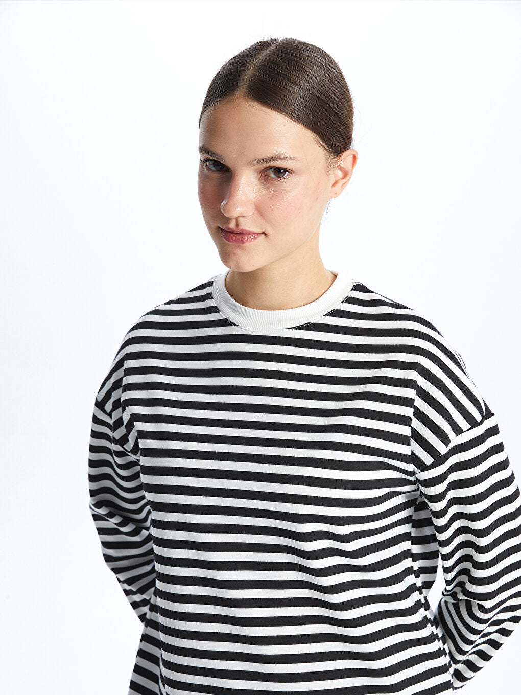 Crew Neck Striped Long Sleeve Women's Sweatshirt Tunic