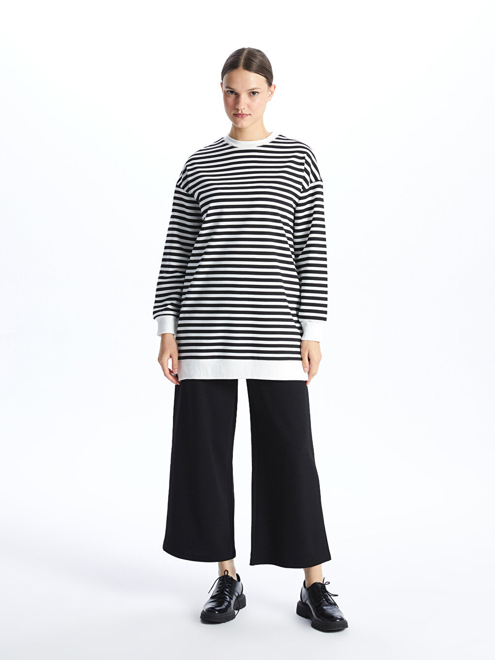 Crew Neck Striped Long Sleeve Women's Sweatshirt Tunic