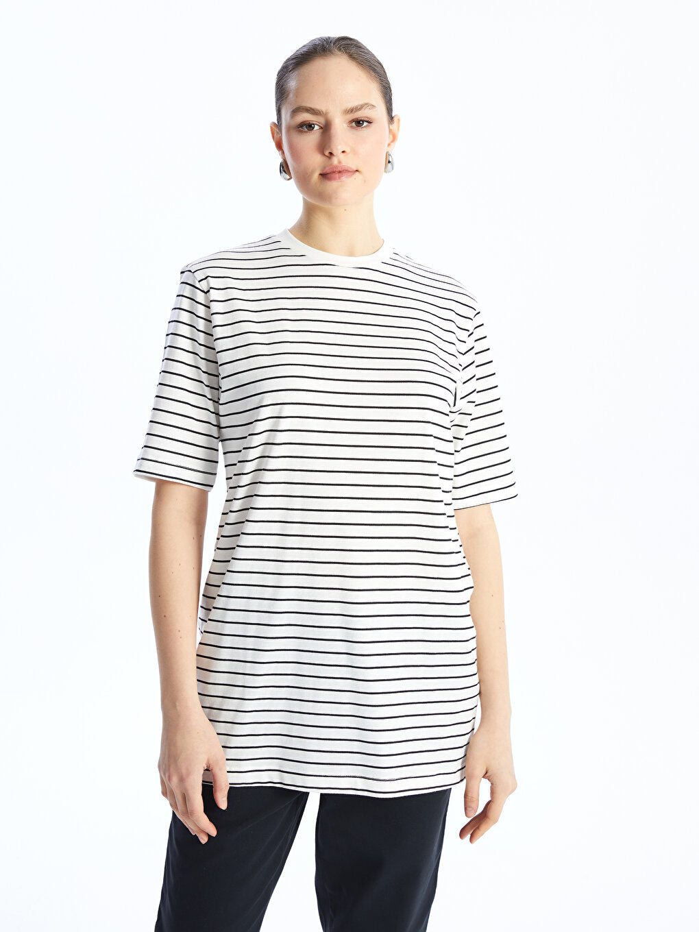 Crew Neck Striped Short Sleeve Oversize Women's Tunic