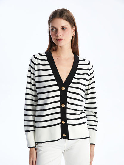 V-Neck Striped Long Sleeve Women's Knitwear Cardigan