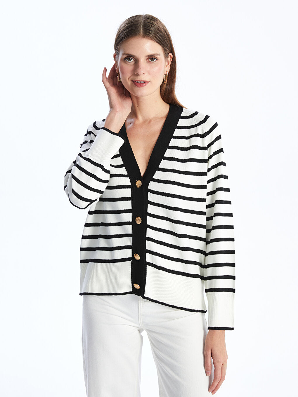 V-Neck Striped Long Sleeve Women's Knitwear Cardigan