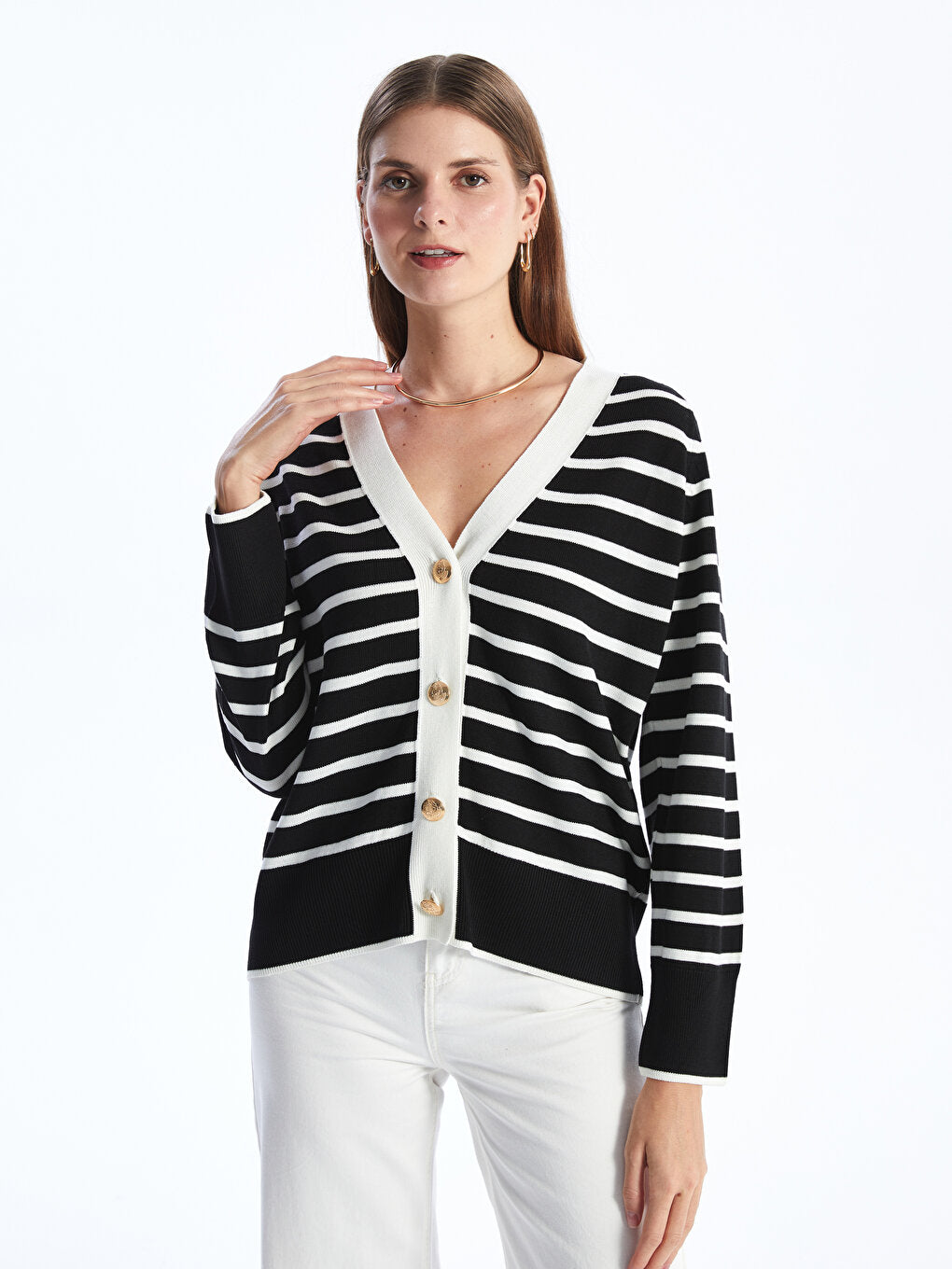 V-Neck Striped Long Sleeve Women's Knitwear Cardigan