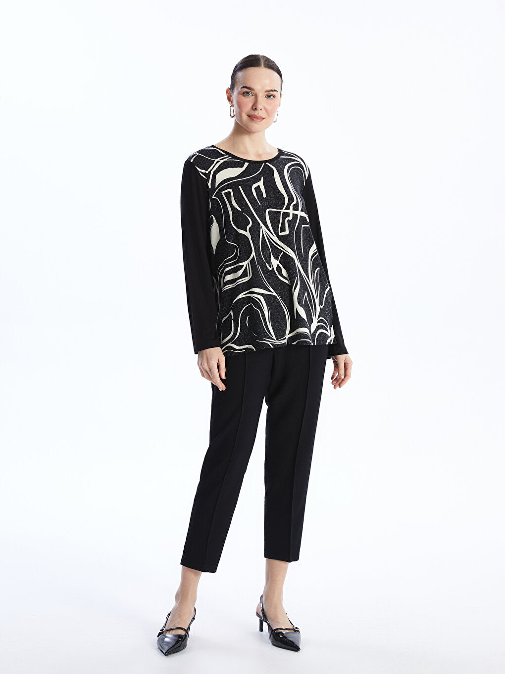 Crew Neck Patterned Long Sleeve Women's Blouse