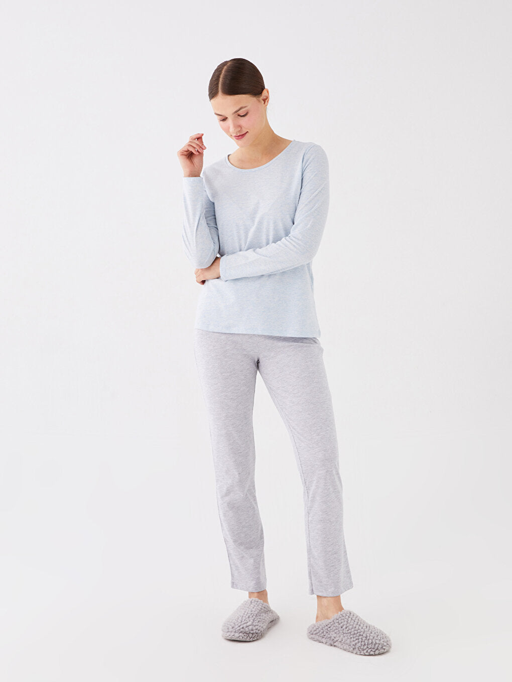 Crew Neck Plain Long Sleeve Women's Pajama Set