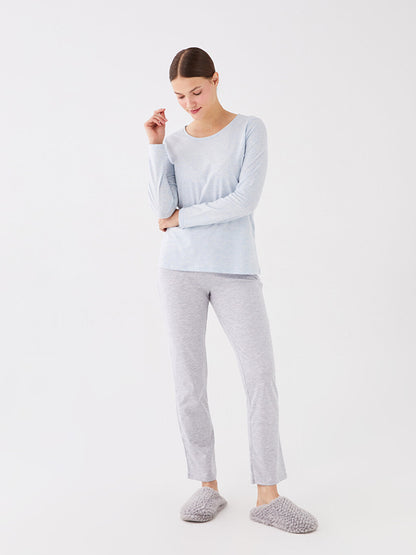 Crew Neck Plain Long Sleeve Women's Pajama Set