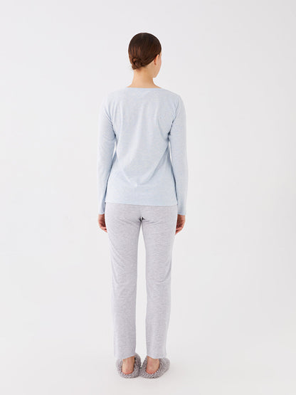 Crew Neck Plain Long Sleeve Women's Pajama Set